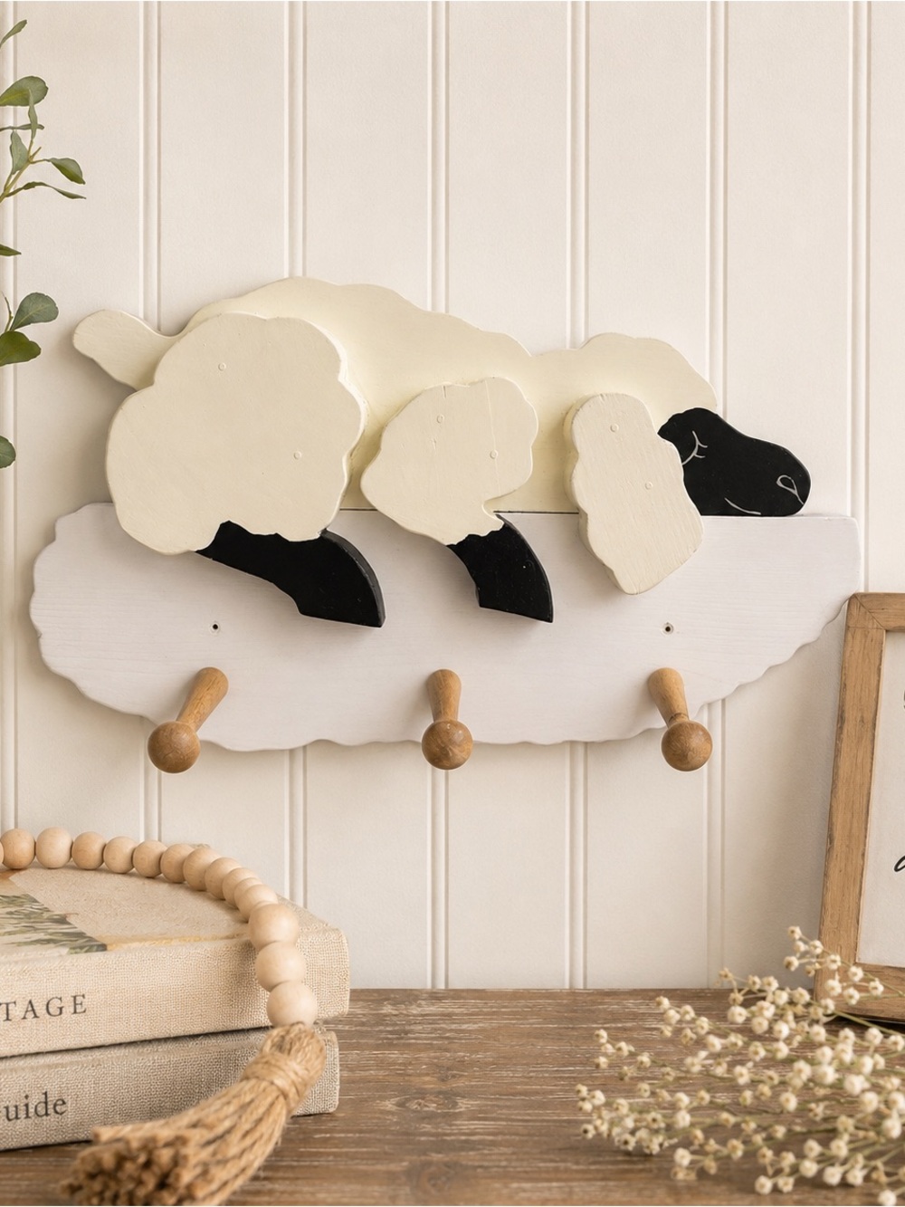 Sheep Wall Hook Rack - Cream and Black Home Wall Decor